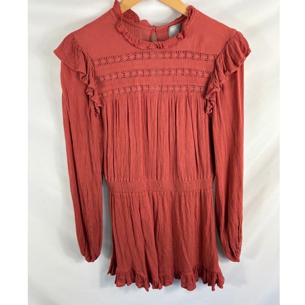 ASOS Pink Long Sleeve Crinkle Crochet Romper Size 6